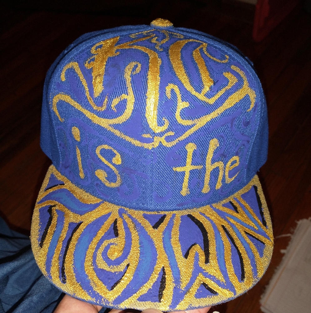 One of a kind Custom hand painted blue hat with gold letters. KC is the town
